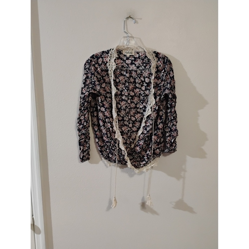 Listicle Navy Floral Crochet Lace Trim Open Front Cardigan Tassel Tie Large
